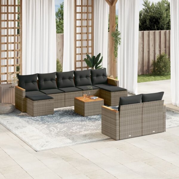 vidaXL 10-tlg. Garten-Sofagarnitur mit Kissen Grau Poly Rattan