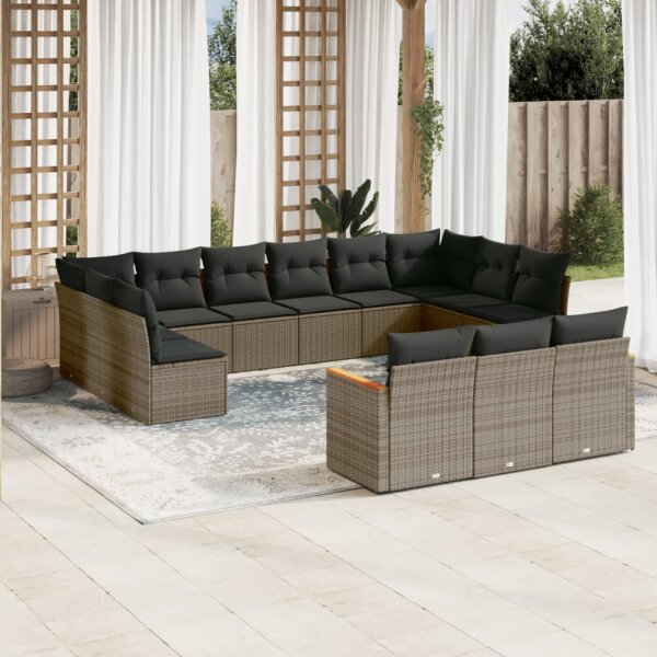 vidaXL 13-tlg. Garten-Sofagarnitur mit Kissen Grau Poly Rattan