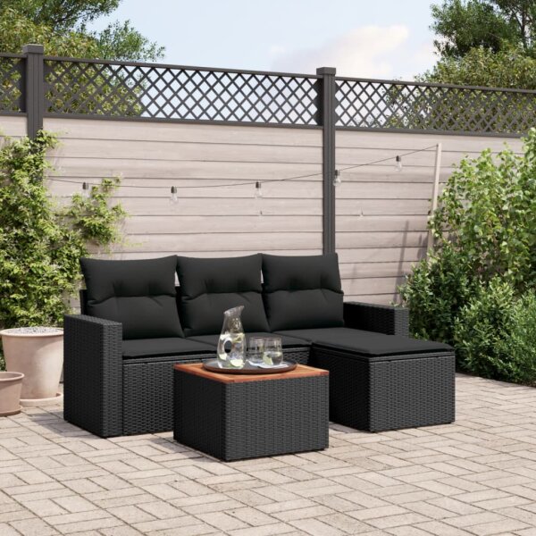 vidaXL 5-tlg. Garten-Sofagarnitur mit Kissen Schwarz Poly Rattan