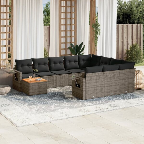 vidaXL 11-tlg. Garten-Sofagarnitur mit Kissen Grau Poly Rattan