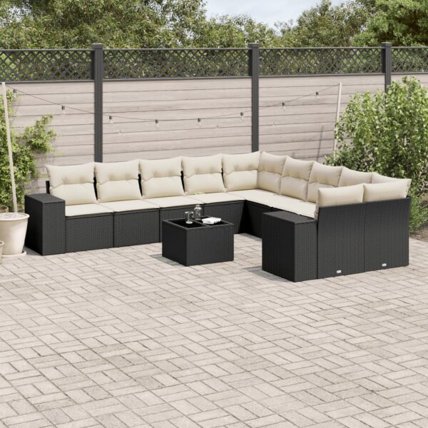 vidaXL 11-tlg. Garten-Sofagarnitur mit Kissen Schwarz Poly Rattan