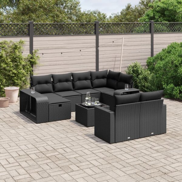 vidaXL 11-tlg. Garten-Sofagarnitur mit Kissen Schwarz Poly Rattan