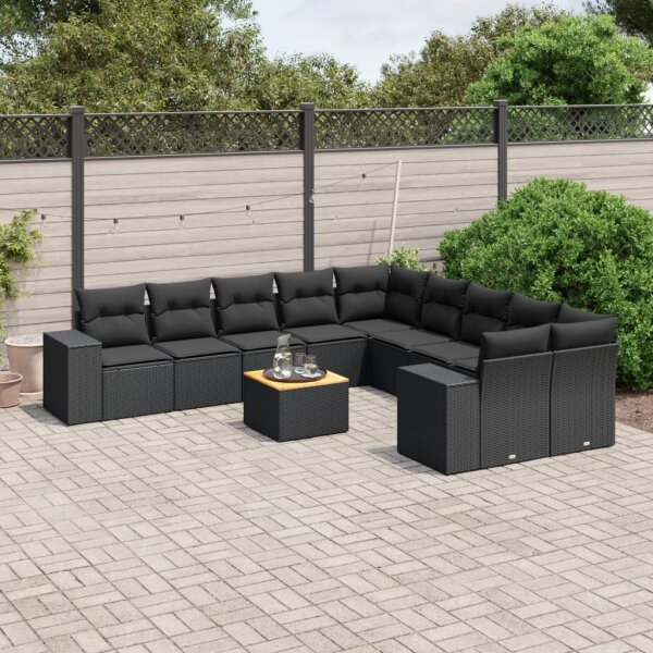 vidaXL 11-tlg. Garten-Sofagarnitur mit Kissen Schwarz Poly Rattan