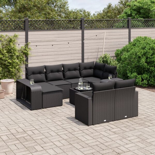 vidaXL 11-tlg. Garten-Sofagarnitur mit Kissen Schwarz Poly Rattan