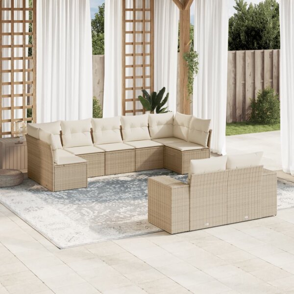 vidaXL 9-tlg. Garten-Sofagarnitur mit Kissen Beige Poly Rattan