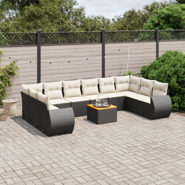 vidaXL 11-tlg. Garten-Sofagarnitur mit Kissen Schwarz Poly Rattan