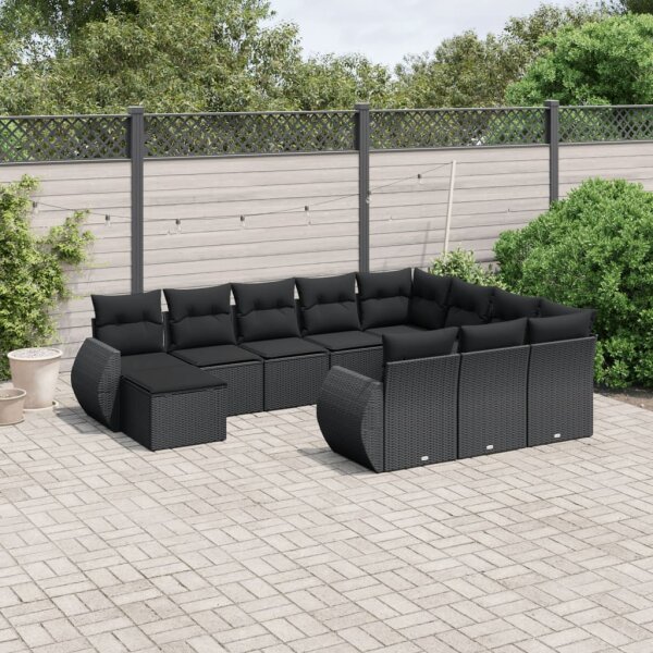 vidaXL 11-tlg. Garten-Sofagarnitur mit Kissen Schwarz Poly Rattan