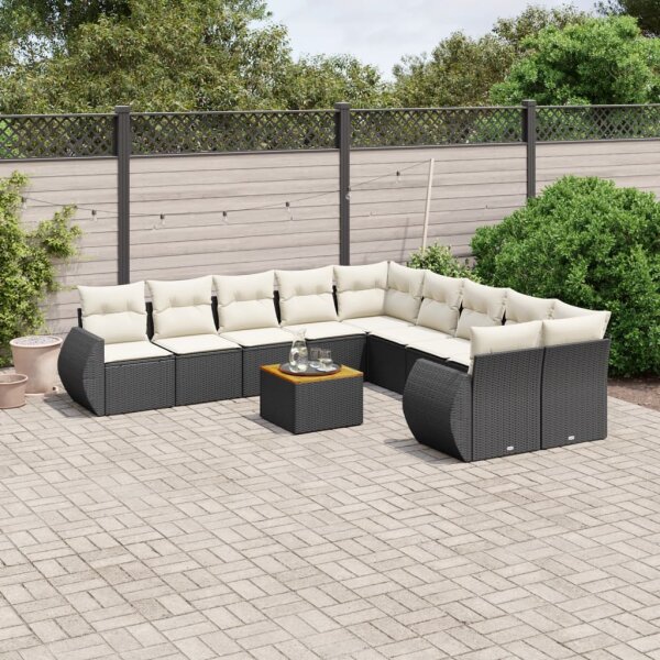 vidaXL 11-tlg. Garten-Sofagarnitur mit Kissen Schwarz Poly Rattan