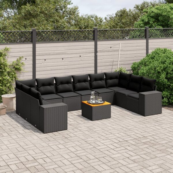 vidaXL 11-tlg. Garten-Sofagarnitur mit Kissen Schwarz Poly Rattan