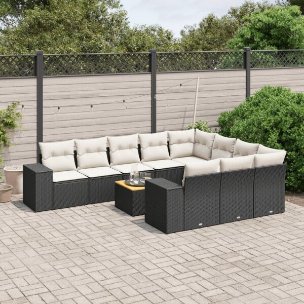 vidaXL 11-tlg. Garten-Sofagarnitur mit Kissen Schwarz Poly Rattan