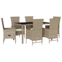 vidaXL 7-tlg. Garten-Essgruppe mit Kissen Beige Poly Rattan