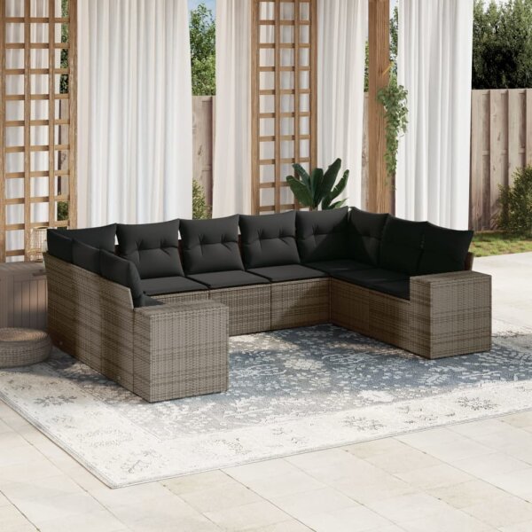 vidaXL 9-tlg. Garten-Sofagarnitur mit Kissen Grau Poly Rattan