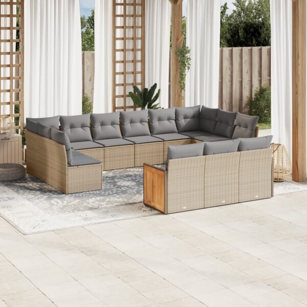 vidaXL 13-tlg. Garten-Sofagarnitur mit Kissen Beige Poly Rattan