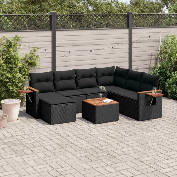 vidaXL 8-tlg. Garten-Sofagarnitur mit Kissen Schwarz Poly Rattan