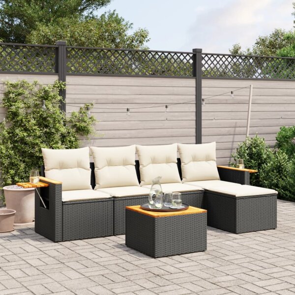 vidaXL 6-tlg. Garten-Sofagarnitur mit Kissen Schwarz Poly Rattan