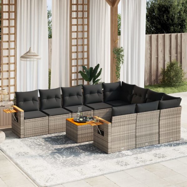 vidaXL 11-tlg. Garten-Sofagarnitur mit Kissen Grau Poly Rattan