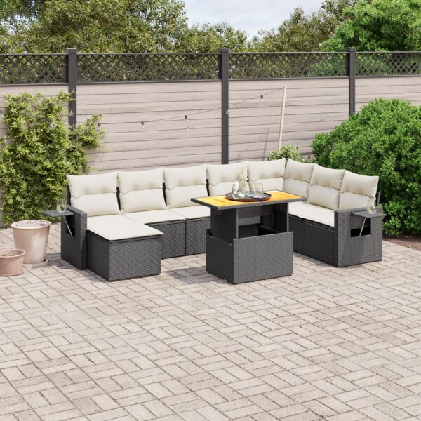 vidaXL 9-tlg. Garten-Sofagarnitur mit Kissen Schwarz Poly Rattan