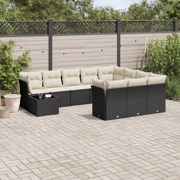 vidaXL 11-tlg. Garten-Sofagarnitur mit Kissen Schwarz Poly Rattan