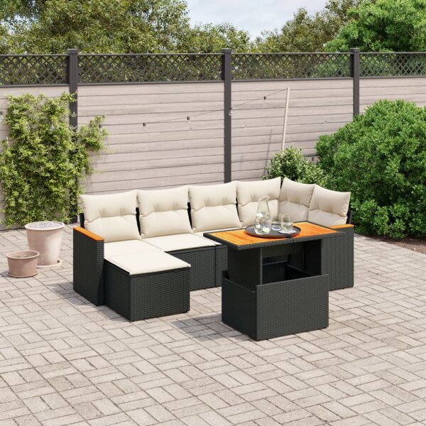 vidaXL 7-tlg. Garten-Sofagarnitur mit Kissen Schwarz Poly Rattan