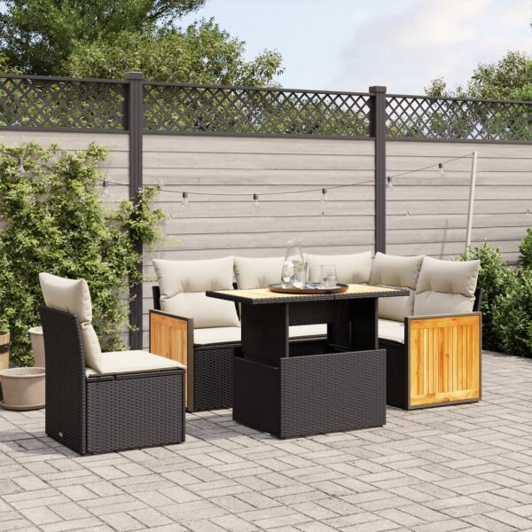 vidaXL 6-tlg. Garten-Sofagarnitur mit Kissen Schwarz Poly Rattan