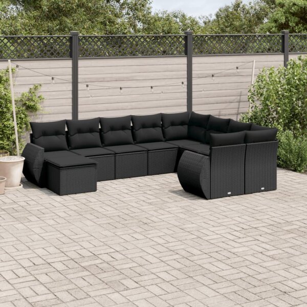 vidaXL 10-tlg. Garten-Sofagarnitur mit Kissen Schwarz Poly Rattan