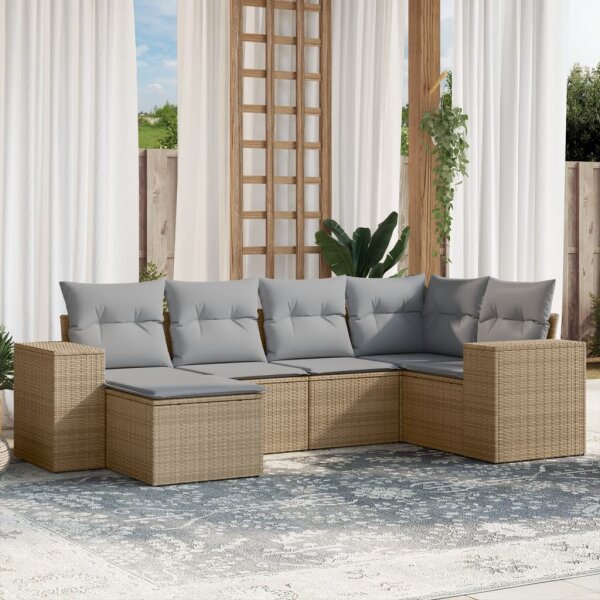 vidaXL 6-tlg. Garten-Sofagarnitur mit Kissen Beige Poly Rattan