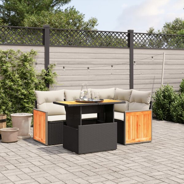 vidaXL 5-tlg. Garten-Sofagarnitur mit Kissen Schwarz Poly Rattan