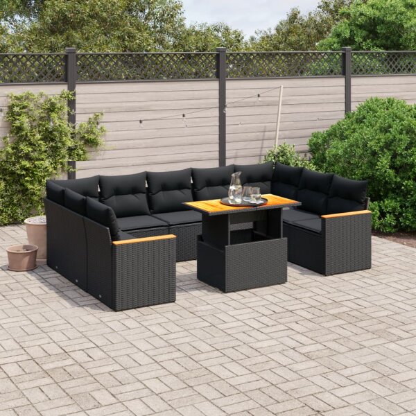 vidaXL 11-tlg. Garten-Sofagarnitur mit Kissen Schwarz Poly Rattan