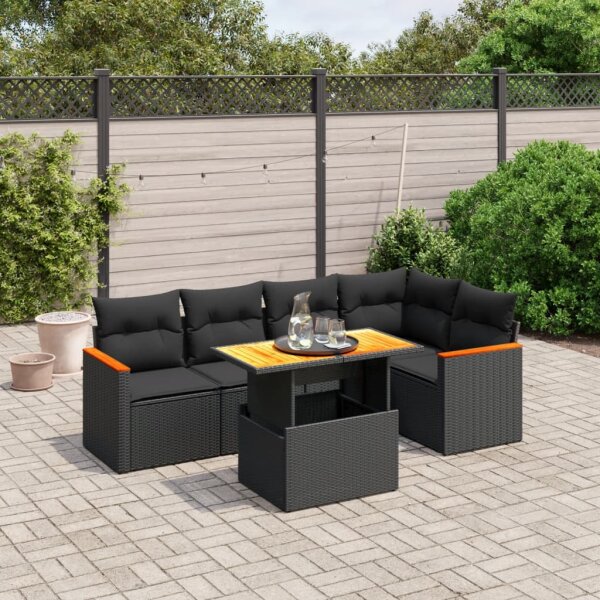 vidaXL 6-tlg. Garten-Sofagarnitur mit Kissen Schwarz Poly Rattan