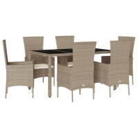 vidaXL 7-tlg. Garten-Essgruppe mit Kissen Beige Poly Rattan