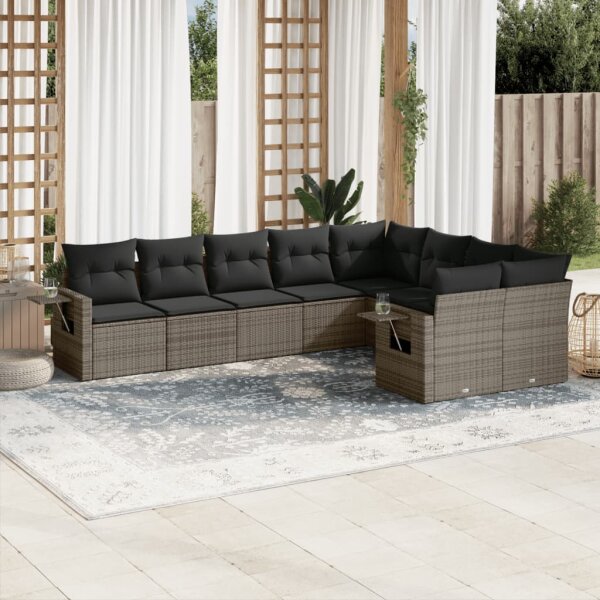 vidaXL 9-tlg. Garten-Sofagarnitur mit Kissen Grau Poly Rattan