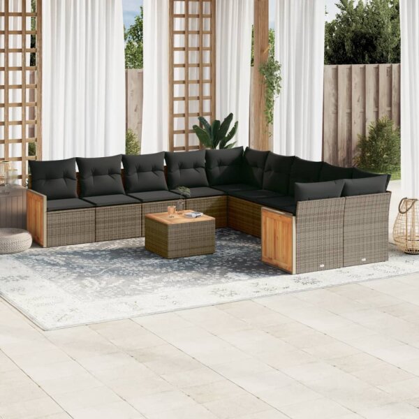 vidaXL 11-tlg. Garten-Sofagarnitur mit Kissen Grau Poly Rattan