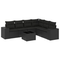 vidaXL 7-tlg. Garten-Sofagarnitur mit Kissen Schwarz Poly Rattan