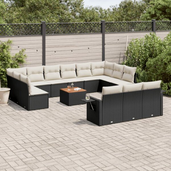 vidaXL 14-tlg. Garten-Sofagarnitur mit Kissen Schwarz Poly Rattan