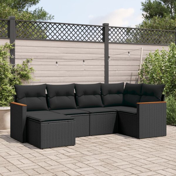 vidaXL 6-tlg. Garten-Sofagarnitur mit Kissen Schwarz Poly Rattan