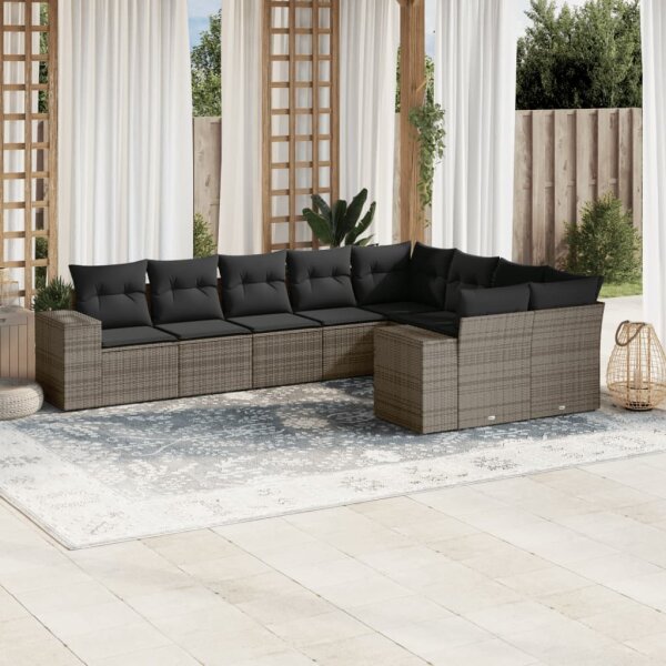 vidaXL 9-tlg. Garten-Sofagarnitur mit Kissen Grau Poly Rattan