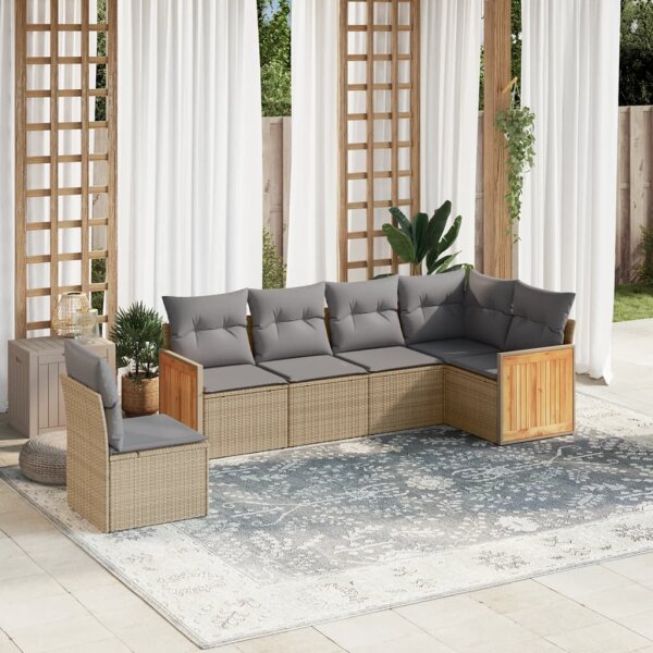 vidaXL 6-tlg. Garten-Sofagarnitur mit Kissen Beige Poly Rattan