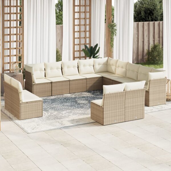 vidaXL 13-tlg. Garten-Sofagarnitur mit Kissen Beige Poly Rattan