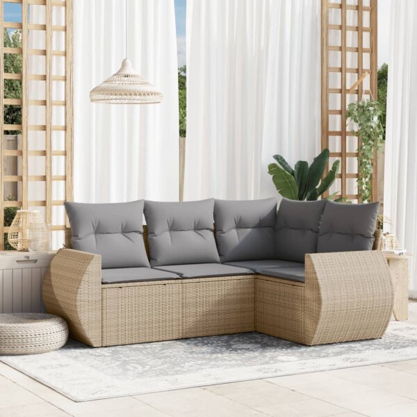 vidaXL 4-tlg. Garten-Sofagarnitur mit Kissen Beige Poly Rattan