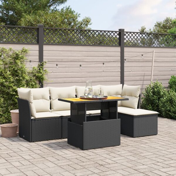 vidaXL 6-tlg. Garten-Sofagarnitur mit Kissen Schwarz Poly Rattan