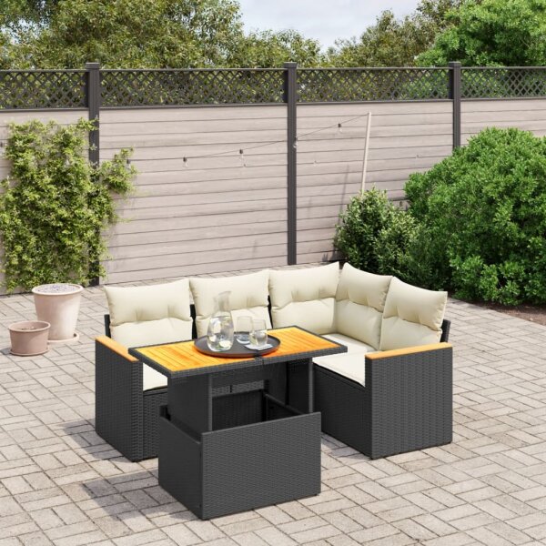 vidaXL 5-tlg. Garten-Sofagarnitur mit Kissen Schwarz Poly Rattan