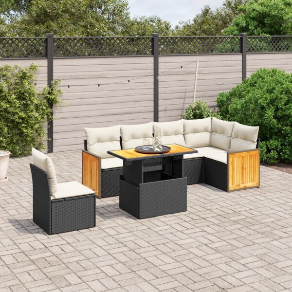 vidaXL 7-tlg. Garten-Sofagarnitur mit Kissen Schwarz Poly Rattan