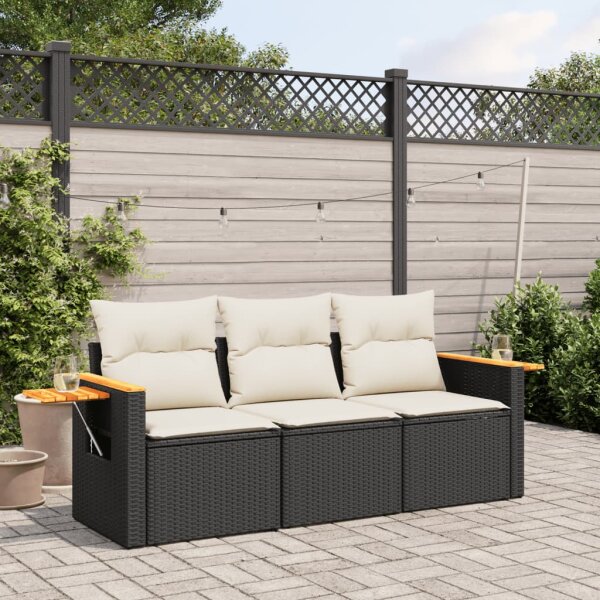 vidaXL 3-tlg. Garten-Sofagarnitur mit Kissen Schwarz Poly Rattan