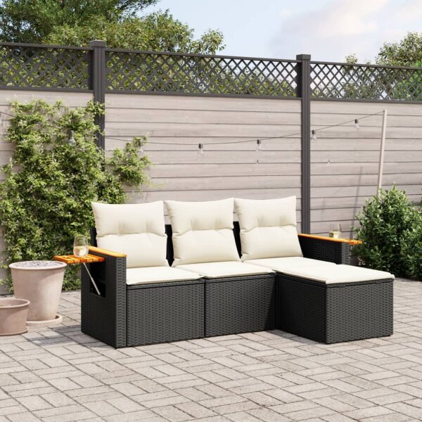 vidaXL 4-tlg. Garten-Sofagarnitur mit Kissen Schwarz Poly Rattan