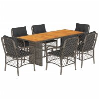 vidaXL 7-tlg. Garten-Essgruppe mit Kissen Grau Poly Rattan