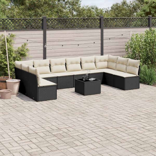 vidaXL 11-tlg. Garten-Sofagarnitur mit Kissen Schwarz Poly Rattan