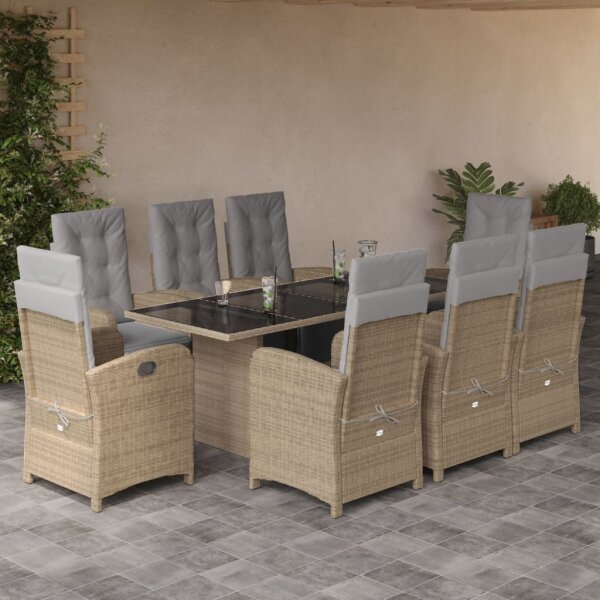 vidaXL 9-tlg. Garten-Essgruppe mit Kissen Beige Poly Rattan