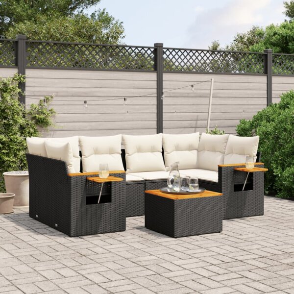 vidaXL 7-tlg. Garten-Sofagarnitur mit Kissen Schwarz Poly Rattan