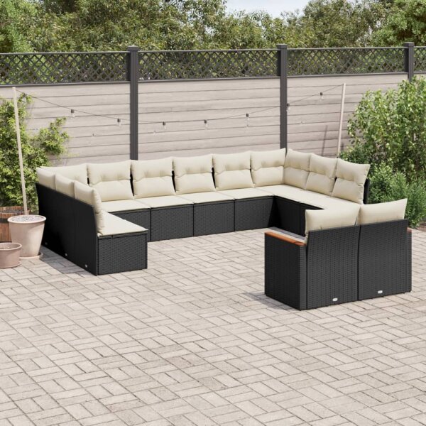 vidaXL 12-tlg. Garten-Sofagarnitur mit Kissen Schwarz Poly Rattan