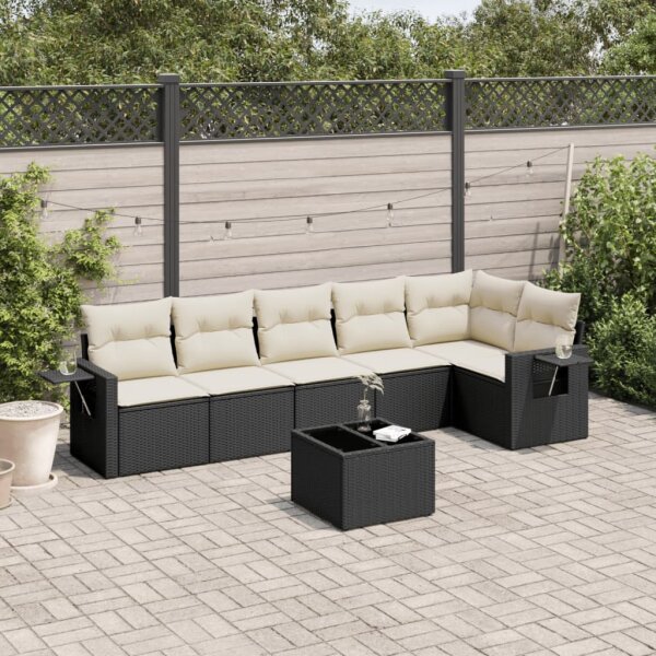 vidaXL 7-tlg. Garten-Sofagarnitur mit Kissen Schwarz Poly Rattan